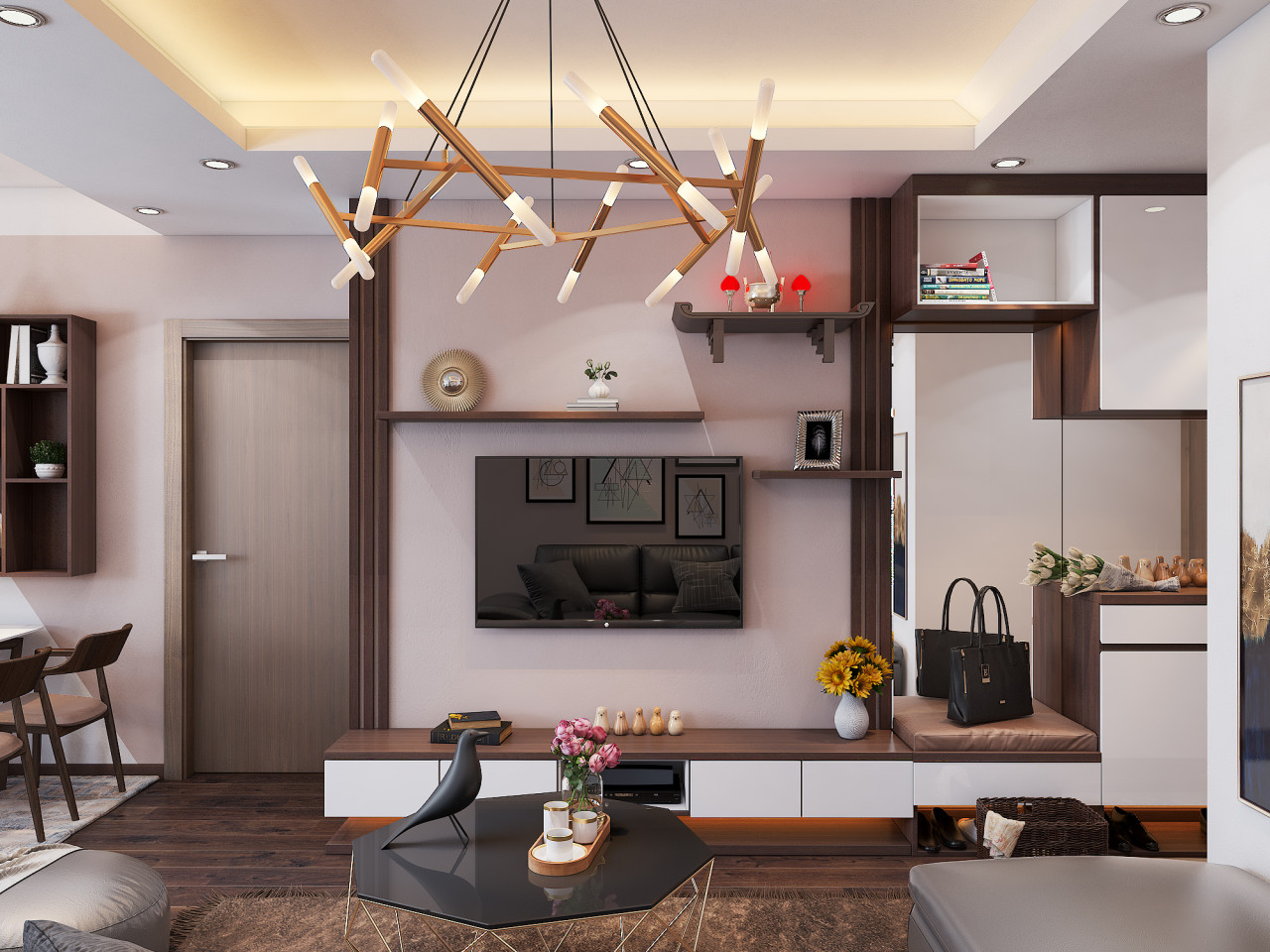 Phòng khách hiện đại với nội thất tối giản cho chung cư